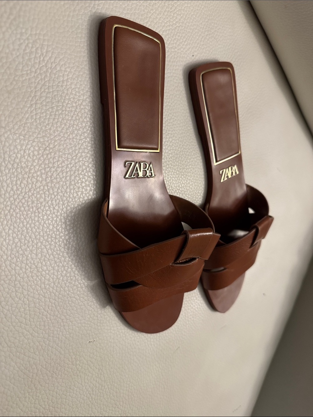 Zara FLAT CROSSED LEATHER SANDALS Brown Slide Sz. 38 - Picture 6 of 11
